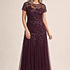 Hand Beaded Plum Short Sleeve Floral Godet Gown by Adrianna Papell mother of the bride dress on model