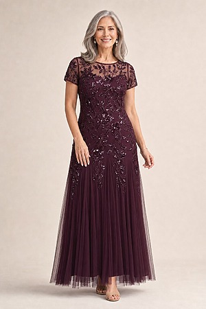 Hand Beaded Plum Short Sleeve Floral Godet Gown by Adrianna Papell mother of the bride dress on model