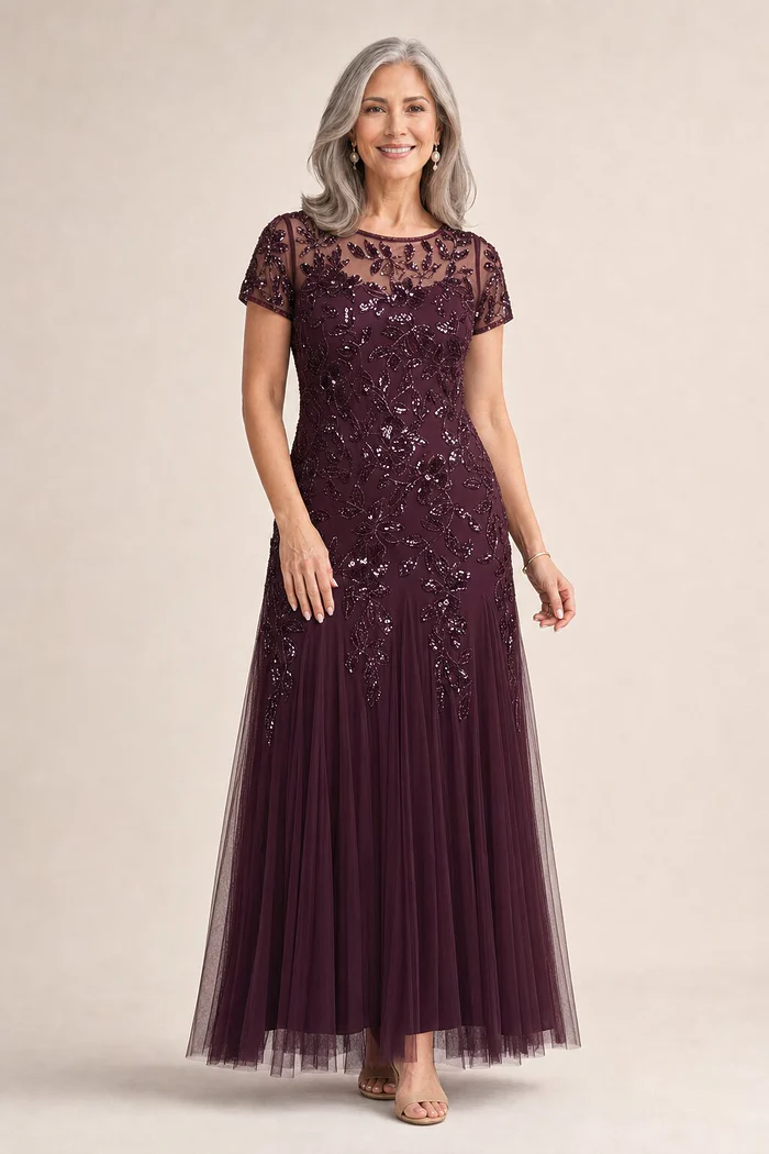 Hand Beaded Plum Short Sleeve Floral Godet Gown by Adrianna Papell mother of the bride dress on model