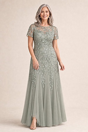 Hand Beaded Sage Green Short Sleeve Floral Godet Gown by Adrianna Papell mother of the bride dress on model