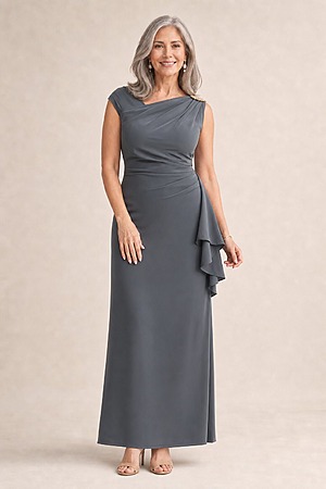Jannie Charcoal Dress Timeless Elegance with a Modern Edge by Trellis Lane mother of the bride dress on model