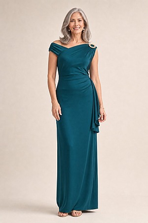 Jannie Teal Dress Timeless Elegance with a Modern Edge by Trellis Lane mother of the bride dress on model
