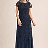 Jasmine Beaded Blouson Navy Gown With Sheer Short Sleeves by Adrianna Papell mother of the bride dress on model