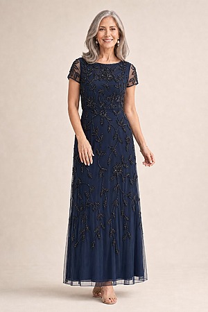 Jasmine Beaded Blouson Navy Gown With Sheer Short Sleeves by Adrianna Papell mother of the bride dress on model