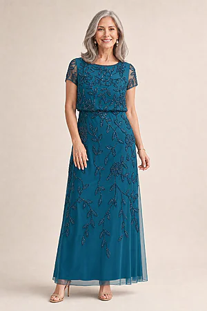 Jasmine Beaded Blouson Teal Gown With Sheer Short Sleeves by Adrianna Papell