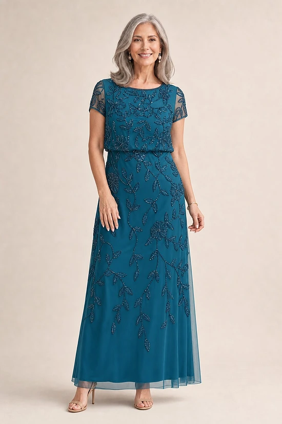 Jasmine Beaded Blouson Teal Gown With Sheer Short Sleeves by Adrianna Papell mother of the bride dress on model