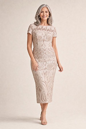 Jazz Sequin Midi Champagne Dress Polished Shimmer with Effortless Comfort by Trellis Lane mother of the bride dress on model