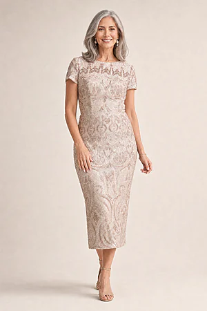 Jazz Sequin Midi Champagne Dress Polished Shimmer with Effortless Comfort by Trellis Lane