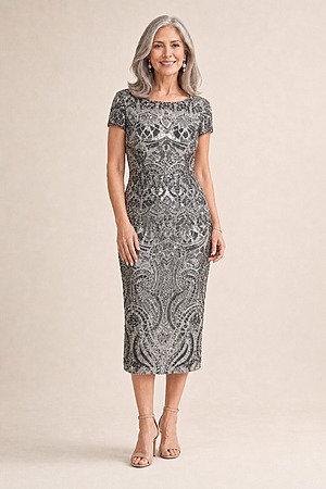 Jazz Sequin Midi Gunmetal Dress Polished Shimmer with Effortless Comfort by Trellis Lane mother of the bride dress on model