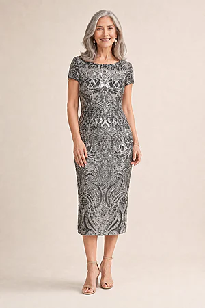 Jazz Sequin Midi Gunmetal Dress Polished Shimmer with Effortless Comfort by Trellis Lane