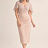 Joyce Beaded Mid-Length Blush Dress Soft Silhouette Detail by Trellis Lane mother of the bride dress on model