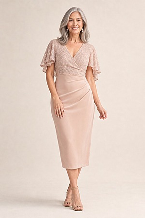 Joyce Beaded Mid-Length Blush Dress Soft Silhouette Detail by Trellis Lane mother of the bride dress on model