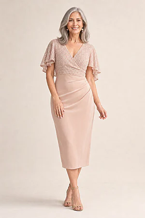 Joyce Beaded Mid-Length Blush Dress Soft Silhouette Detail by Trellis Lane