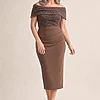 Joyce Beaded Mid-Length Chocolate Dress Soft Refined Silhouette by Trellis Lane mother of the bride dress on model