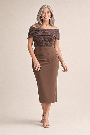 Joyce Beaded Mid-Length Chocolate Dress Soft Refined Silhouette by Trellis Lane mother of the bride dress on model