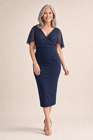 Joyce Beaded Mid-Length Navy Dress Soft Refined Silhouette by Trellis Lane mother of the bride dress on model