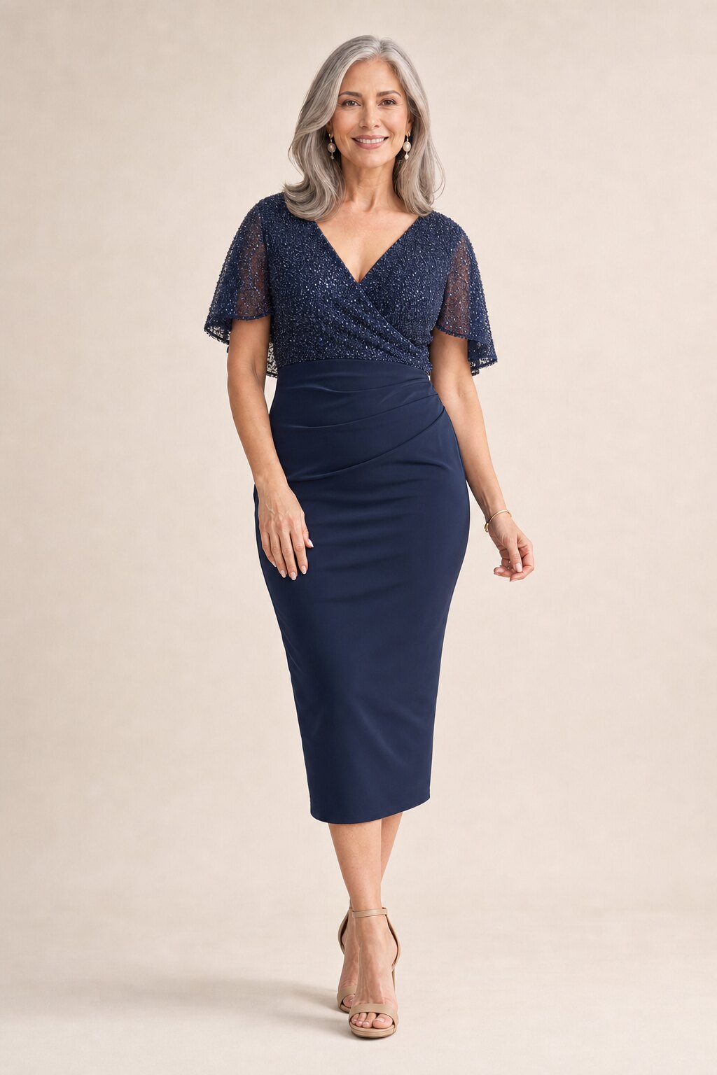 Joyce Beaded Mid-Length Navy Dress Soft Refined Silhouette by Trellis Lane