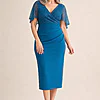 Joyce Beaded Mid-Length Teal Dress Soft Refined Silhouette by Trellis Lane mother of the bride dress on model