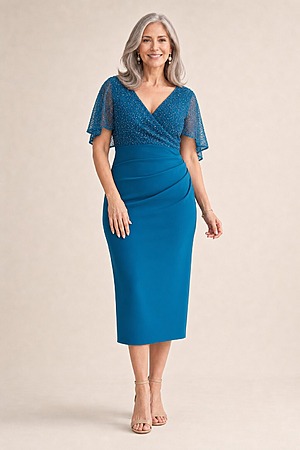 Joyce Beaded Mid-Length Teal Dress Soft Refined Silhouette by Trellis Lane mother of the bride dress on model