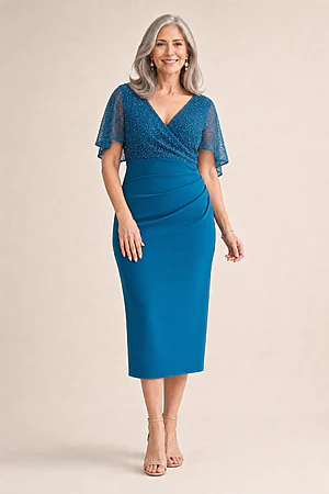 Joyce Beaded Mid-Length Teal Dress Soft Refined Silhouette by Trellis Lane