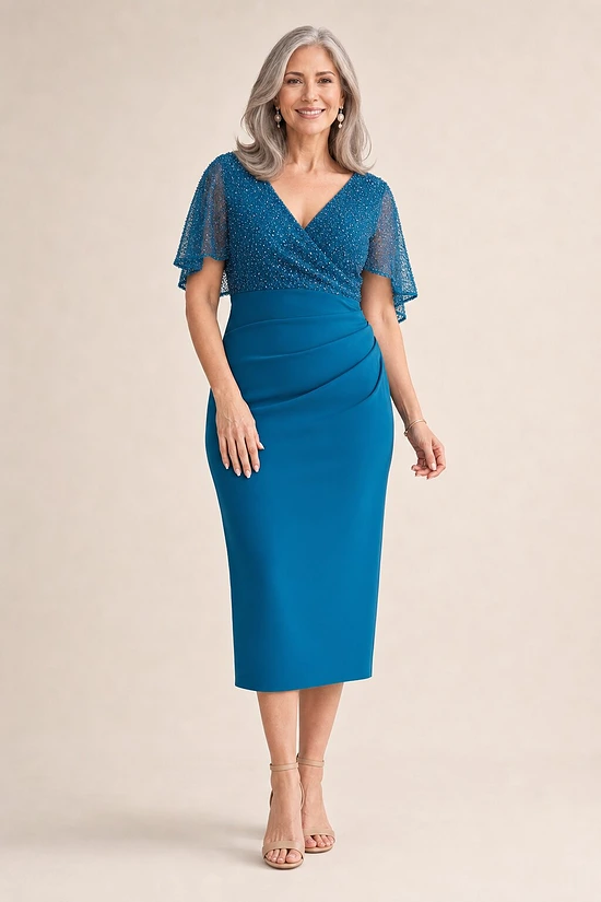 Joyce Beaded Mid-Length Teal Dress Soft Refined Silhouette by Trellis Lane mother of the bride dress on model