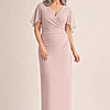 Joyce Beaded Pencil Blush Dress with a Sculpted Silhouette by Trellis Lane mother of the bride dress on model