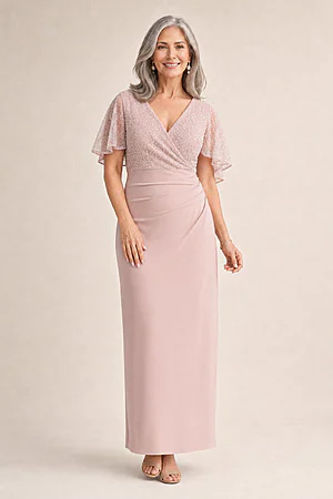 Joyce Beaded Pencil Blush Dress with a Sculpted Silhouette by Trellis Lane