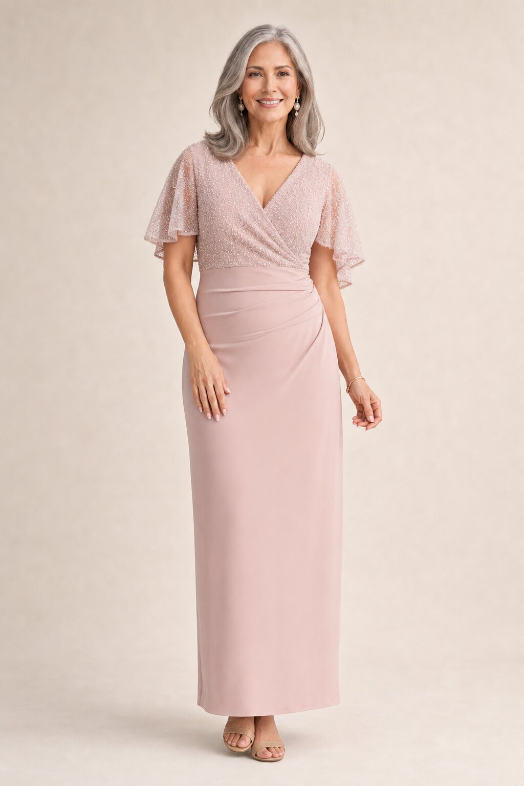 Joyce Beaded Pencil Blush Dress with a Sculpted Silhouette by Trellis Lane