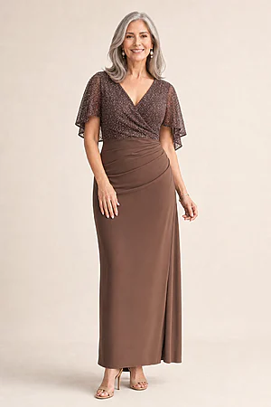 Joyce Beaded Pencil Chocolate Dress with a Sculpted Silhouette by Trellis Lane