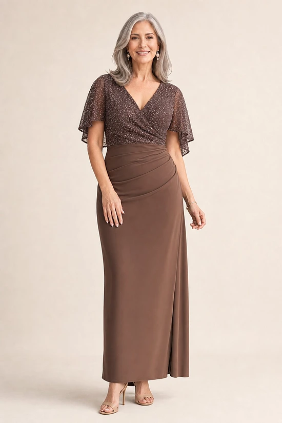 Joyce Beaded Pencil Chocolate Dress with a Sculpted Silhouette by Trellis Lane mother of the bride dress on model