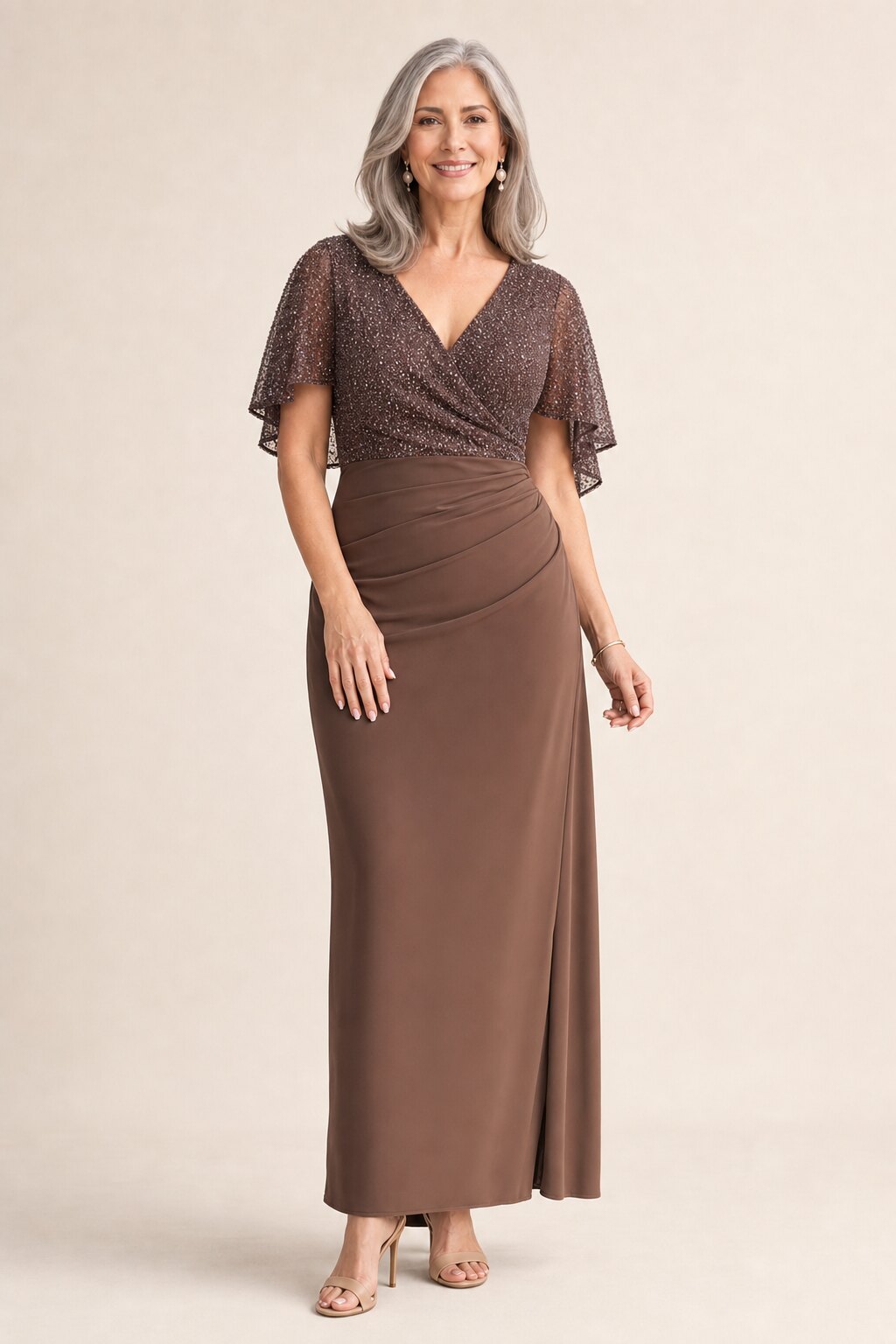 Joyce Beaded Pencil Chocolate Dress with a Sculpted Silhouette by Trellis Lane