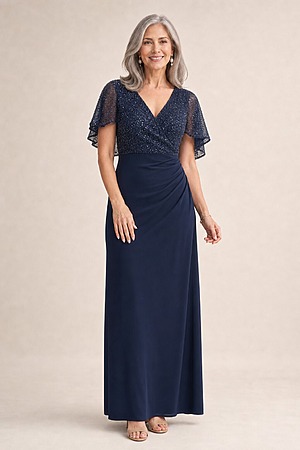 Joyce Beaded Pencil Navy Gown Refined Detail by Trellis Lane mother of the bride dress on model