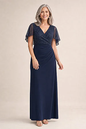 Joyce Beaded Pencil Navy Gown Refined Detail by Trellis Lane