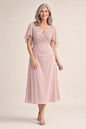 Joyce Flared Blush Midi Refined Glamour in a Flattering Silhouette by Trellis Lane mother of the bride dress on model