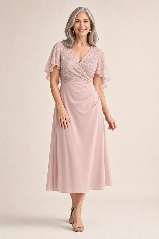 Joyce Flared Blush Midi Refined Glamour in a Flattering Silhouette by Trellis Lane mother of the bride dress on model
