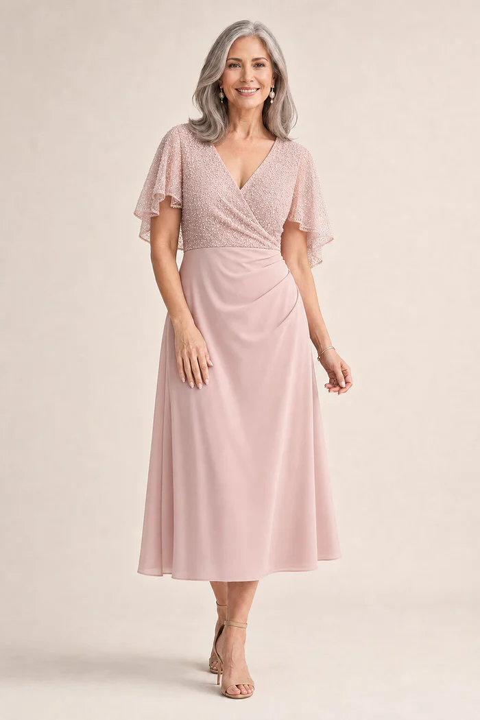 Joyce Flared Blush Midi Refined Glamour in a Flattering Silhouette by Trellis Lane mother of the bride dress on model