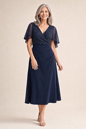 Joyce Flared Navy Midi Refined Glamour in a Flattering Silhouette by Trellis Lane mother of the bride dress on model