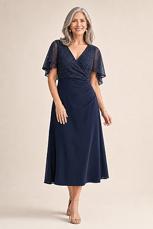 Joyce Flared Navy Midi Refined Glamour in a Flattering Silhouette by Trellis Lane