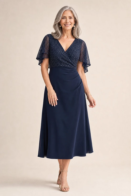 Joyce Flared Navy Midi Refined Glamour in a Flattering Silhouette by Trellis Lane mother of the bride dress on model