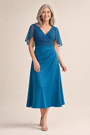 Joyce Flared Teal Midi Refined Glamour in a Flattering Silhouette by Trellis Lane mother of the bride dress on model