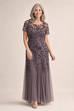 Julia Floral Beaded Gown Adrianna Papell - Moonscape mother of the bride dress on model