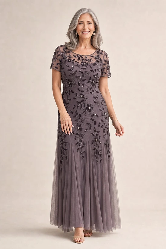 Julia Floral Beaded Gown Adrianna Papell - Moonscape mother of the bride dress on model