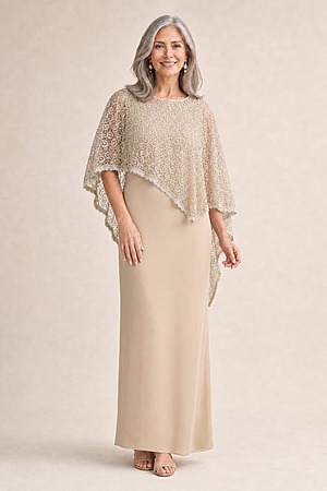 June Champagne Dress Soft Sparkle in a Fluid Silhouette by Trellis Lane mother of the bride dress on model