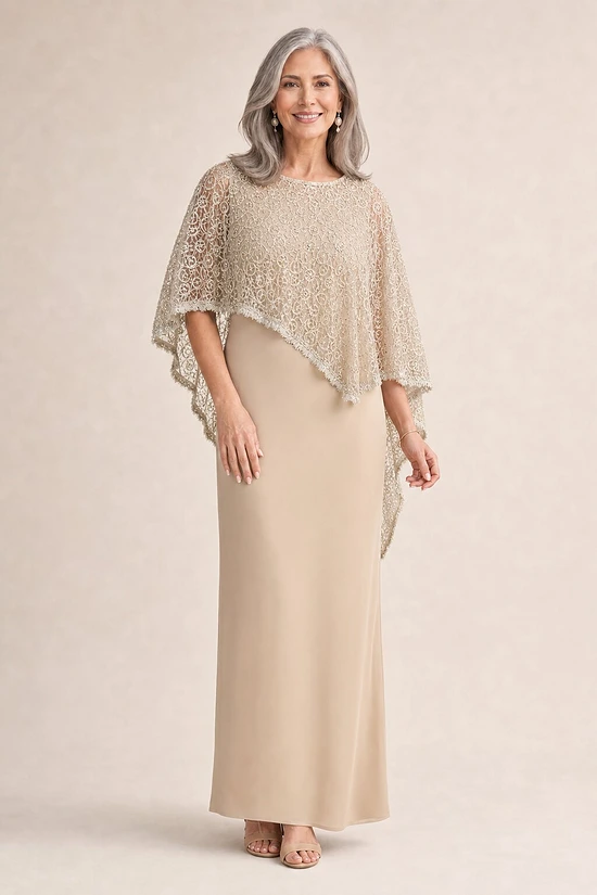 June Champagne Dress Soft Sparkle in a Fluid Silhouette by Trellis Lane mother of the bride dress on model