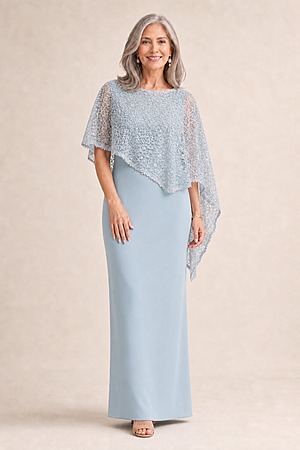 June Light Blue Dress Soft Sparkle in a Fluid Silhouette by Trellis Lane mother of the bride dress on model