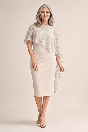 June Midi Soft Sequin Lace Bisque Gown by Trellis Lane mother of the bride dress on model