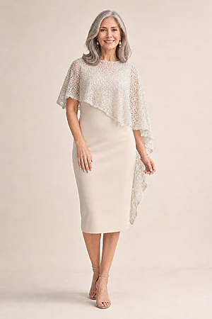 June Midi Soft Sequin Lace Bisque Gown by Trellis Lane