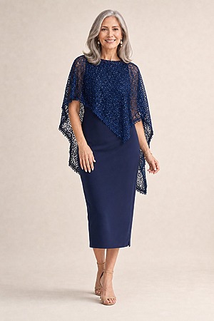 June Midi Soft Sequin Lace Navy Gown by Trellis Lane mother of the bride dress on model