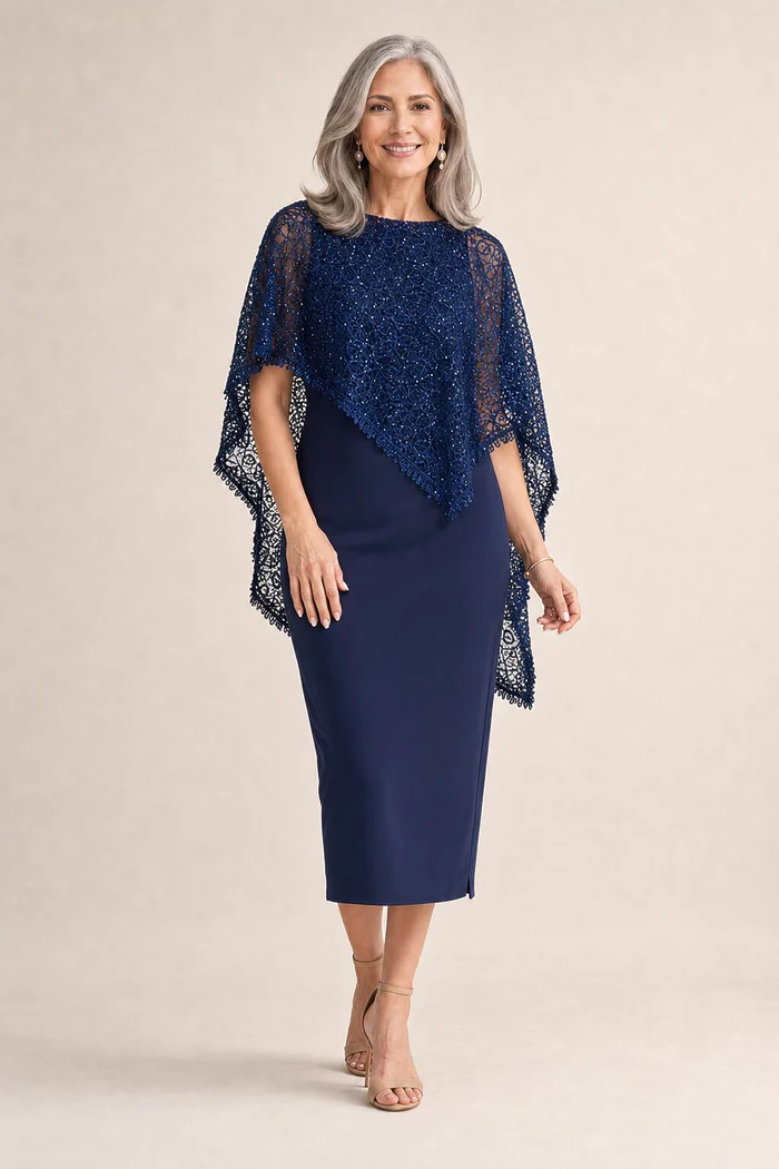 June Midi Soft Sequin Lace Navy Gown by Trellis Lane mother of the bride dress on model