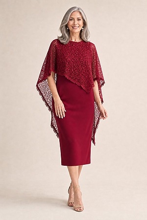 June Midi Soft Sequin Lace Wine Gown by Trellis Lane mother of the bride dress on model